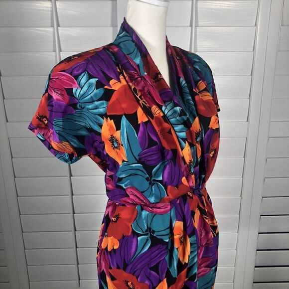 Vintage 80's Tess Dress S Bright Floral Print Blouson Turquoise Purple Sheath - Picture 2 of 12